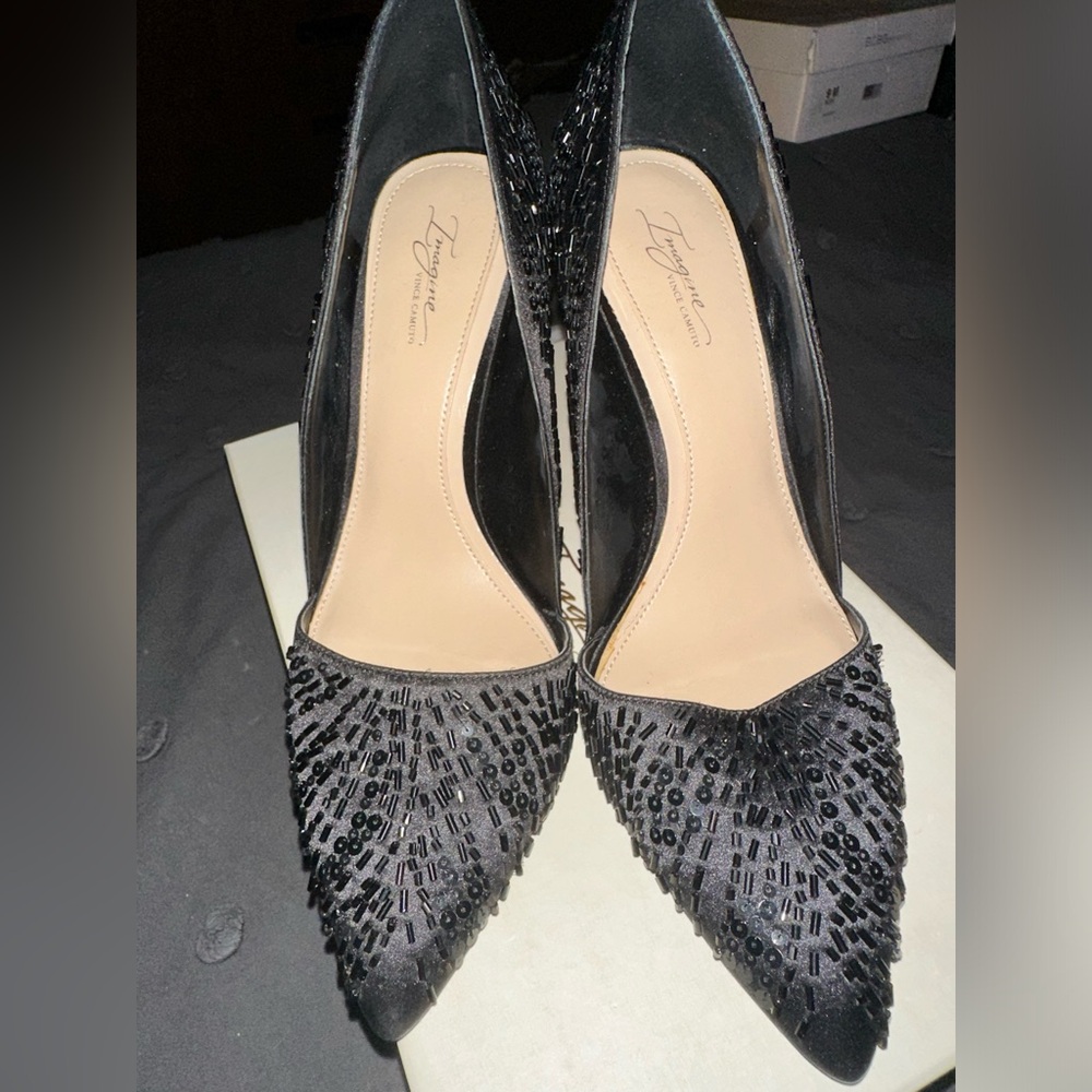 Vince Camuto Black Beaded Pointed Toe Heels